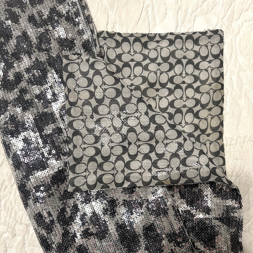 Coach Double Sided Ocelot Sequins and “C” Logo Black & Grey Scarf $25